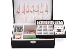 Mens Jewelry Box Watch Case Watch Holder Watch Organizer for Men 2 Layers Travel Jewelry Box Organizer with Lock Travel Jewelry Case PU Leather Jewelry Storage for Watch Necklace Ring Earring (Black)