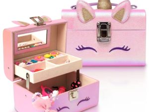 Unicorn Jewelry Box for Girls - Jewelry Organizer Toy with Carry Handle & Mirror - Kids Jewelry Box for Little Girls who Love Unicorns