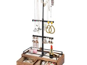 Keebofly Jewelry Organizer Box with Metal Jewelry Tree Stand & Rustic Wood Basic Drawer Storage Box - 3 Tier Jewelry Stand Organizer Box for Necklaces Bracelet Earrings Ring Carbonized Black