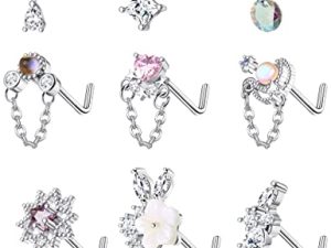 JOERICA 9 Pcs 20G Dangle Nose Rings Studs for Women Stainless Steel L Shaped Nose Studs Heart Arrow Feather Snowflake Wing CZ Dangling Nose Piercing Jewelry