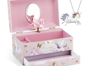 Kids Musical Jewelry Box with Big Drawer and zirconia stones Jewelry Set with Spinning Unicorn and Glitter Rainbow Butterfly Design - Over the Waves Tune Pink