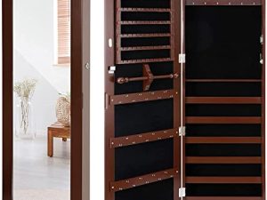 SUPER DEAL Jewelry Armoire Lockable Jewelry Cabinet Wall/Door Mounted Jewelry Organizer with Full Length Mirror and Drawers - 14.5W x 48H in - Brown