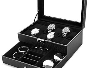 Oyydecor Watch Box 12 Slots Watch Organizer Jewelry Display Case Organizer with Jewelry Drawer for Storage and Display Lockable (Black/Vertical Stripes)