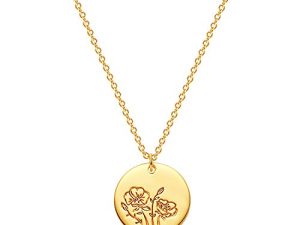 Mevecco Birth Flower Necklace 18k Gold Engraved Custom Floral Pendant Necklaces Dainty Birth Month Flower Disc Charm Hand Stamped Flower Disk Necklace Personalized Jewelry Birthday Gift for Her