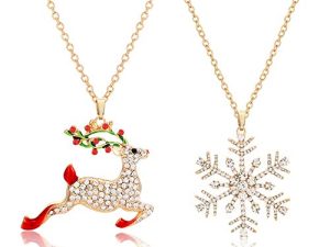 NLCAC Christmas Necklace Sparky Crystal Snowflake Reindeer Pendant Necklace Xmas Santa Holiday Festival Jewelry Necklace 2 Pieces
