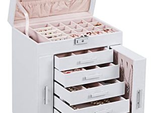 ANWBROAD Jewelry Organizer Box Christmas Gift Large Jewelry Box for Women Lockable 6 Tier White Jewelry Storage Box for Earrings Rings Bracelets PU Leather Holder UJJB008W