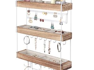 J JACKCUBE DESIGN Wall Mounted 3 Tier Wooden Jewelry Organizer Rack with Accessories Storage Shelf and 18 Metal Earring