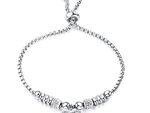 Stainless Steel Heart Charm Adjustable Size Beaded Strand Style Wedding Statement Holiday Bracelet