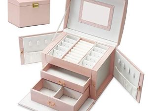 Jewelry Box Jewelry Organizer Box Display Storage Case Holder with Two Layers Lock Mirror Women Girls Leather Jewelry Box for Earrings Rings Necklaces Bracelets Earrings Gift (Pink)