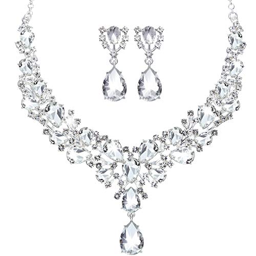 Bridal Teardrop Cluster Crystal Jewelry Set for Women Necklace Earrings Wedding Bridal Teardrop Cluster Crystal Jewelry Set for Women Necklace Earrings Wedding