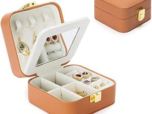 Yiluana Portable Jewelry Case Travel Ring Necklace Lipstick Accessories Organizer Box for Girls Women with Mirror (Button Brown)