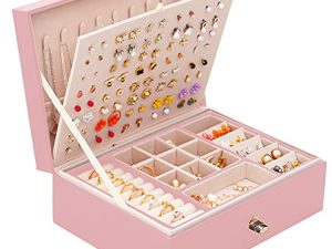 QBestry Stud Earring Organizer for Girls Pink Jewelry Box for Earrings Necklace Jewelry Organizer Large