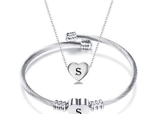 NIBASTAR Heart Necklace and Bracelet for Women Girls Stainless Steel Initial Jewelry Set