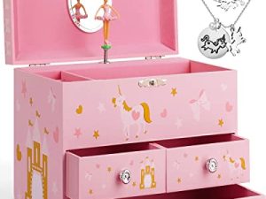 efubaby Upgrade Musical Jewelry Box for Girls with 3 Pullout Drawers Spinning Ballerina & Unicorn Jewelry Set