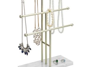 MyGift 3-Tier Tabletop Jewelry Organizer - Brass-Tone Metal T-Bar Necklace Display Stand with Marble Base