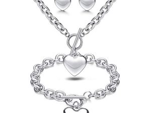 LOYALLOOK 3Sets Heart Pendant Necklace Toggle Chain Heart Bracelet Heart Stud Earrings for Women Stainless Steel Charm Love Heart Jewelry Set for Halloween Day
