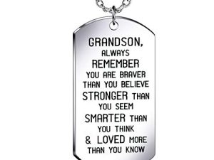 danjie to My Grandson Dog Tag Military Stainless Steel Pendant Necklace Grandson Always Remember You are Braver Stronger Smarter Than You Think