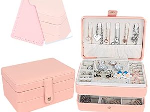 Hikeiyu Girls Jewelry Box for Women Velvet Jewelry Boxes Organizer for Mother Wife Girlfriend Gift There Layers PU Leather Jewelry Case Lock and Stainless Steel Mirror for Earrings Rings (Pink)