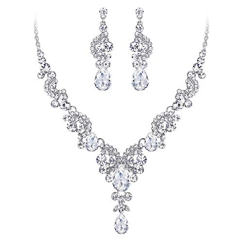 EVER FAITH Rhinestone Crystal Bridal Floral Wave Teardrop Necklace Earrings Set EVER FAITH Rhinestone Crystal Bridal Floral Wave Teardrop Necklace Earrings Set