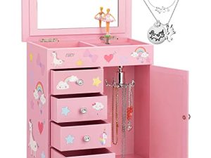 efubaby Upgrade Jewelry Box for Girls 5-Layer with Swing Door Spinning Ballerina Unicorn &Castle Design Unicorn Jewelry Set Included Kids Jewelry Box for Little Girls Birthday Christmas Gift Pink
