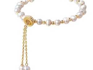 Cowlyn Pearl Bracelet Chain Link Baroque Culture Bossimi 14K Gold Filled Adjustable Fashion Valentine Charm Dainty Handmade Jewelry for Women Wife Girls Mother(with Gift Box)