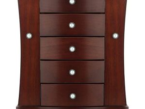 RR ROUND RICH DESIGN Jewelry Box - Made of Solid Wood with Tower Style 4 Drawers Organizer and 2 Separated Open Doors on 2 Sides and Large Mirror Brown