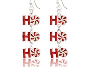 RareLove Christmas Cute HoHoHo Pierced Dangle Earrings Red Candy Cane Color Silver Plated Alloy Holiday For Women Girls