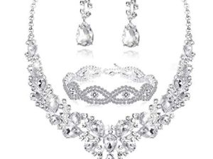 FIASASO Crystal Bridal Jewelry Set for Women Rhinestone Necklace Earrings Bracelet Wedding Bridesmaid