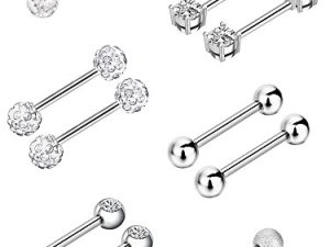 6 Pairs Nipple Bars Surgical Stainless Steel Piercing Titanium Barbell Ring Tongue Ring Cubic Zirconia Nipple Rings Body Piercing Jewelry