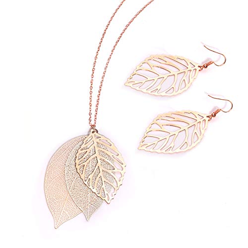 NVENF Leaf Earrings and Long Necklaces Set for Women Boho Gold-tone Multi Tiered Leaves Delicate Chain Dangle Necklace SimpleLeaf Statement Dangling Earrings NVENF Leaf Earrings and Long Necklaces Set for Women Boho Gold-tone Multi Tiered Leaves Delicate Chain Dangle Necklace SimpleLeaf Statement Dangling Earrings