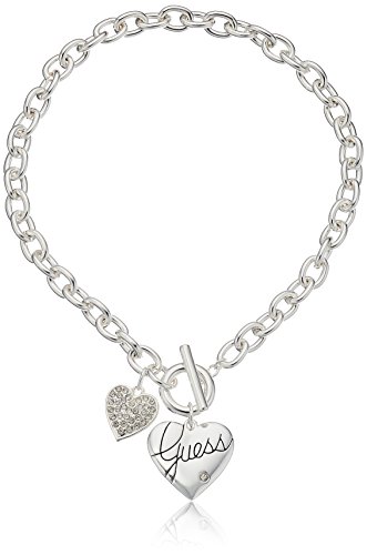 GUESS "Basic Silver Logo Heart and Pave Heart Toggle Pendant Necklace GUESS "Basic Silver Logo Heart and Pave Heart Toggle Pendant Necklace