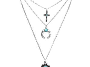 IDesign Western Layered Necklace for Women Cowgirls Turquoise Stone cross Western Cowboy Necklaces Bull Head Necklace Jewelry for Women and Girls