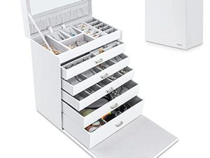 Homde 6 Layers Jewelry Organizer Fully Locking Large Jewelry Box with Necklace Tray (White)