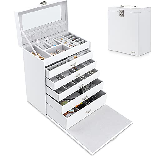 Homde 6 Layers Jewelry Organizer Fully Locking Large Jewelry Box with Necklace Tray (White) Homde 6 Layers Jewelry Organizer Fully Locking Large Jewelry Box with Necklace Tray (White)