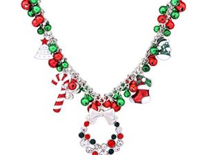 NLCAC Christmas Jingle Bell Necklace Women Statement Chunky Crystal Teardrop Pendant Necklace Xmas Gift Jewelry Girls