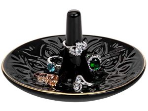 MyGift Decorative Black Ceramic Ring Holder Dish Jewelry Tray with Raised Heart Design