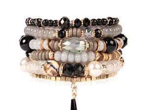 Bead Multi Layer Versatile Statement Bracelets - Stackable Beaded Strand Stretch Bangles Sparkly Crystal Mix
