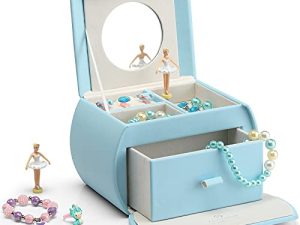 Vlando Princess Style Musical Jewelry Box-Includes Random Stickers for Gift-Leather Half Moon Kids Music Jewelry Organizer Box for Bedroom Decoration or Birthday Gifts for Girls Blue