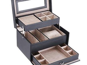 BEWISHOME Girls Jewelry Box Jewelry Organizer with Lock 3 Layers Jewelry Display Storage Case Earring Ring Necklace Holder Organizer Portable Travel Case for Women Girls - Black Faux Leather SSH77B