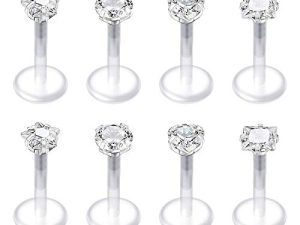 QWALIT 16G Clear Lip Rings Studs Plastic Cartilage Tragus Earrings Retainer for Work Cubic Zirconia Bioflex Medusa Labret Monroe Piercing Jewelry 6mm 8mm 10mm