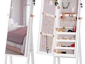 LUXFURNI Jewelry Armoire Standing Full-Length Mirror Makeup Lockable Cabinet