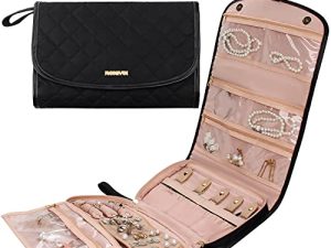 Travel Jewelry Organizer Roll with Zipper Pockets Large Hanging Jewelry Roll Bag Case for Rings