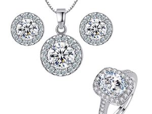 Harlorki Women's Silver Alloy Metal Rhinestone Crystal Wedding Necklace Earring Finger Ring Pendent Charm Jewelry Set