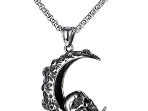 Stainless Steel Retro Vintage Moon Crescent Gothic Skull Biker Halloween Pendant Necklace