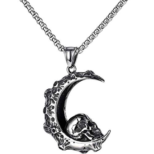 Stainless Steel Retro Vintage Moon Crescent Gothic Skull Biker Halloween Pendant Necklace Stainless Steel Retro Vintage Moon Crescent Gothic Skull Biker Halloween Pendant Necklace