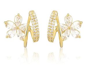 SENNI 14K Gold Plated Claw Cubic Zirconia Cuff Earrings Huggie Stud Sparkling Earring Cuff Zircon Needle Stud Ear For Women Girls