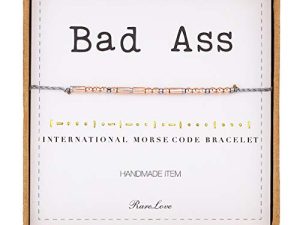 RareLove Bad Ass Morse Code Bracelets Inspirational Friendship Gift For Women Girls Rose Golden Beads Grey String Bracelet