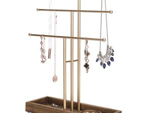 MyGift 3-Tier Gold Metal T-Bar Jewelry Organizer Stand