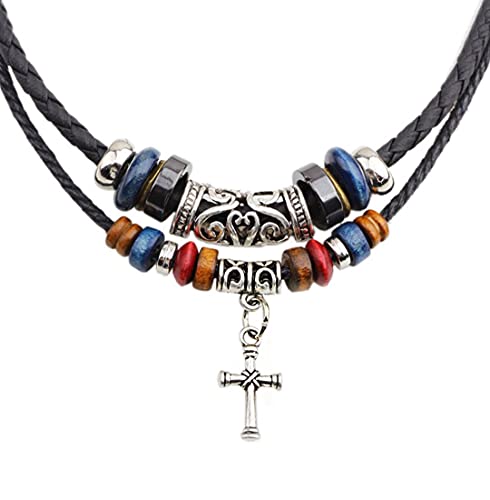 Braided Leather Necklace Vintage Style Double Layers Black Tribal Necklace with Charm Cross Pendant Braided Leather Necklace Vintage Style Double Layers Black Tribal Necklace with Charm Cross Pendant