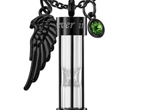 Cremation Urn Necklace for Ashes Timeless Hourglass Memorial Pendant Keepsake Jewelry for Human Pet Ashes with 12 Birthstone Angel Wing